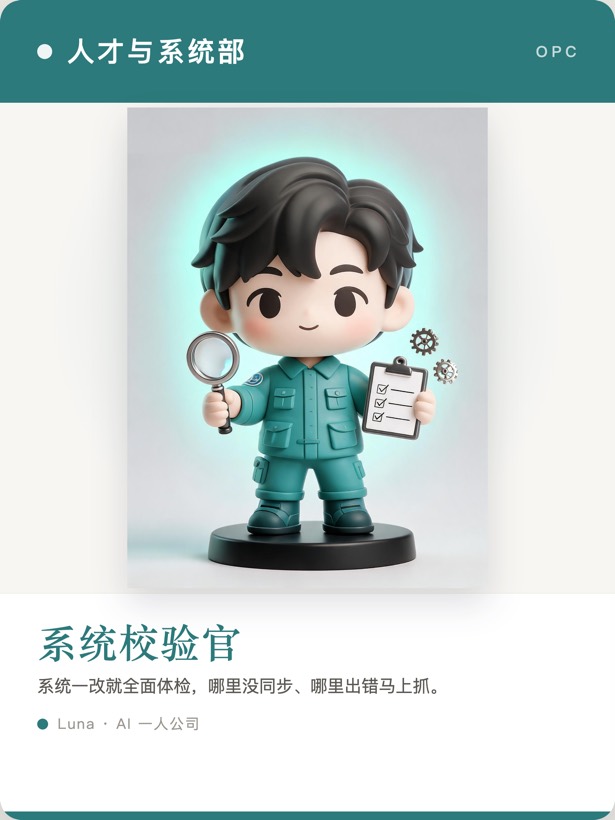 系统校验官名片 · 人才与系统部 · 系统一改就全面体检哪里没同步哪里出错马上抓