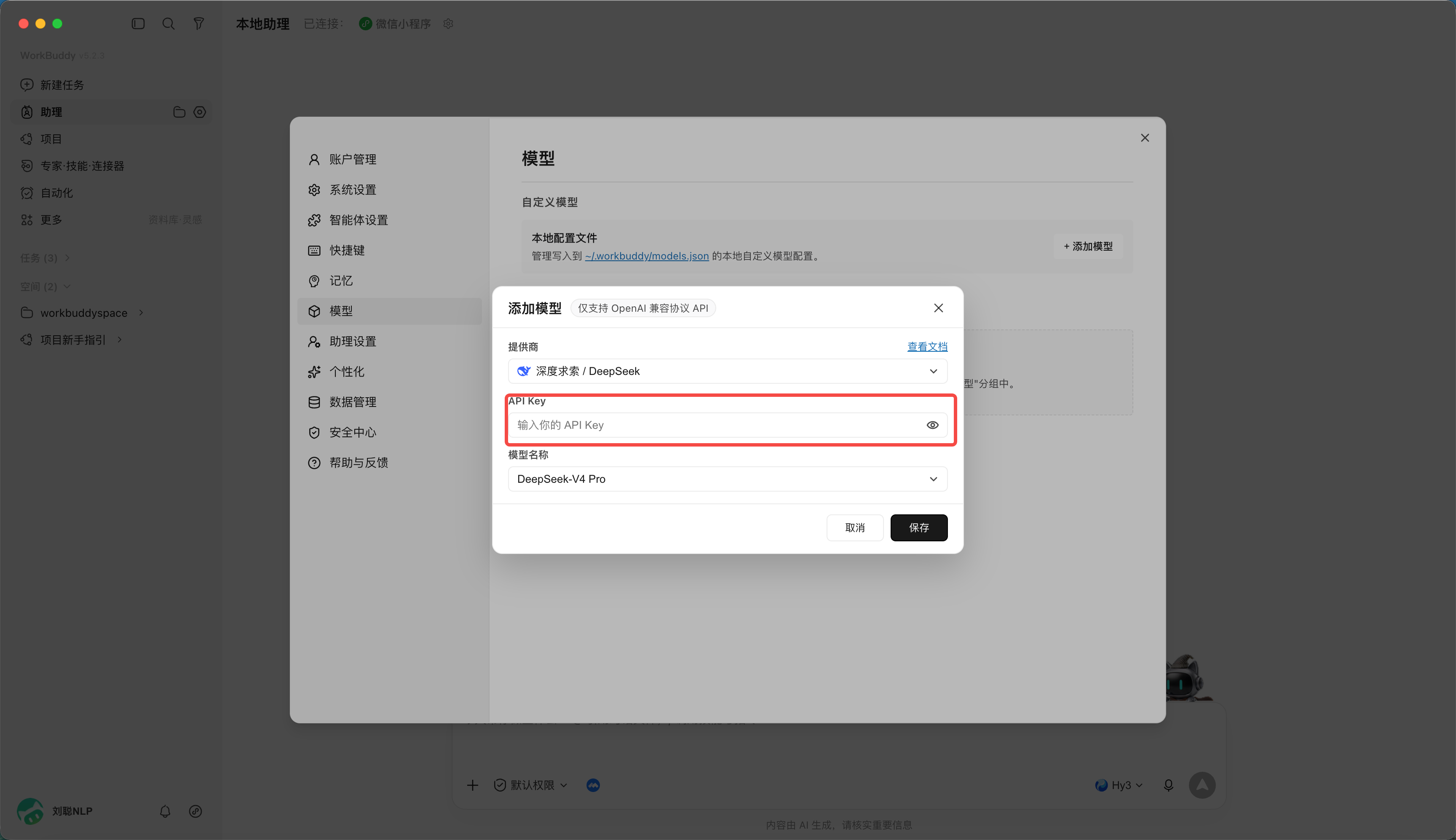 官方 WorkBuddy 界面参考：API key 配置界面
